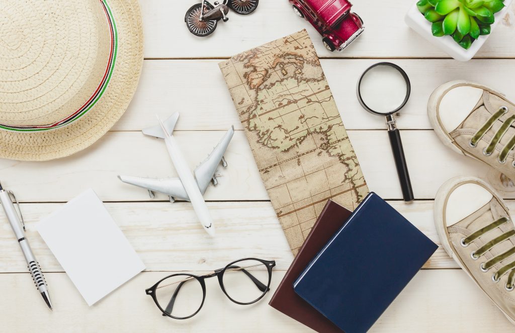 top-view-essential-travel-items